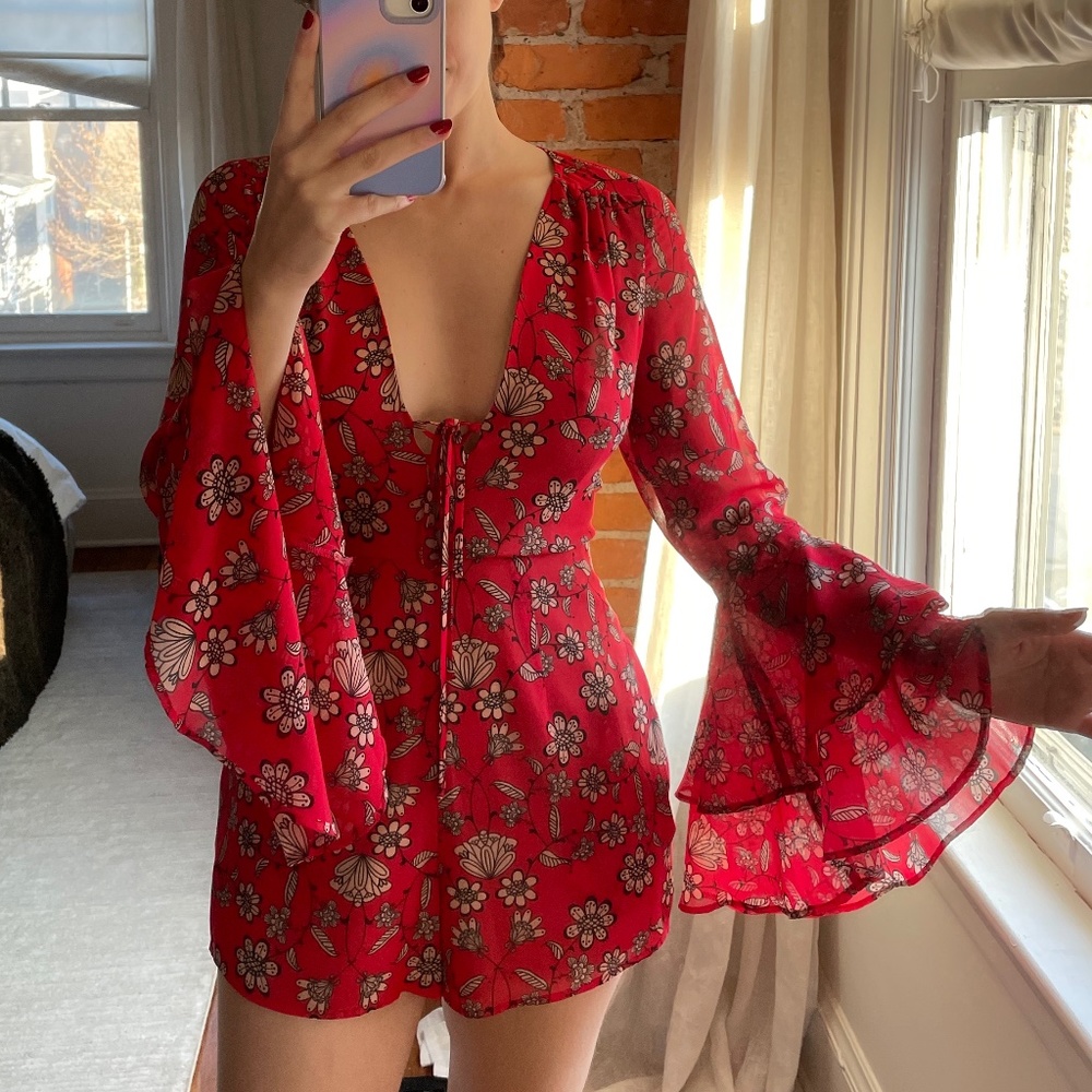For Love & Lemons Printed Flare Sleeve Romper
